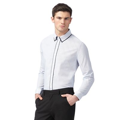 Navy fine striped double layered collar slim fit shirt